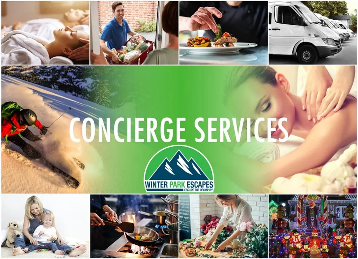 A collage-style interior image featuring symbols of luxury services: spa treatments, gourmet dining, childcare, food delivery, and transportation. The composition conveys indulgent amenities and personalized services, such as in-room spa experiences and private chef dining, in a visually appealing way.