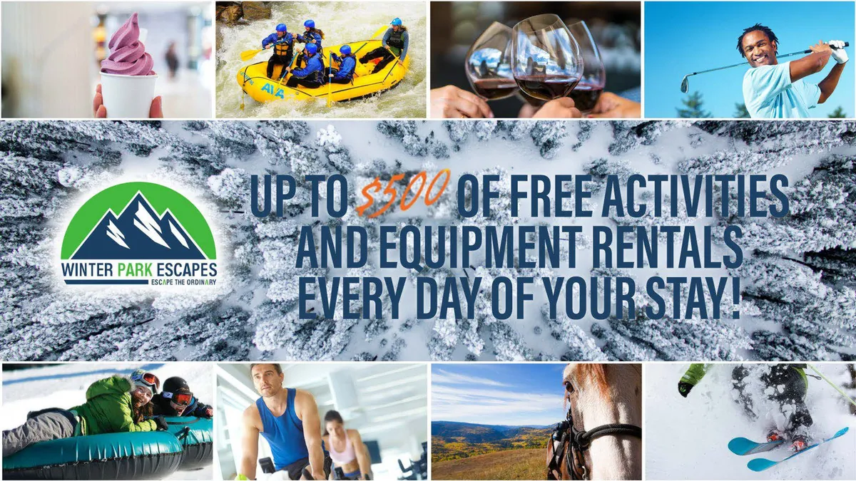 An action-packed collage of outdoor adventures, featuring guests white-water rafting down a turbulent river, skiing down snow-covered runs, and enjoying activities like snow tubing and horseback riding. The image is lively, with participants visibly excited and surrounded by stunning natural scenery.