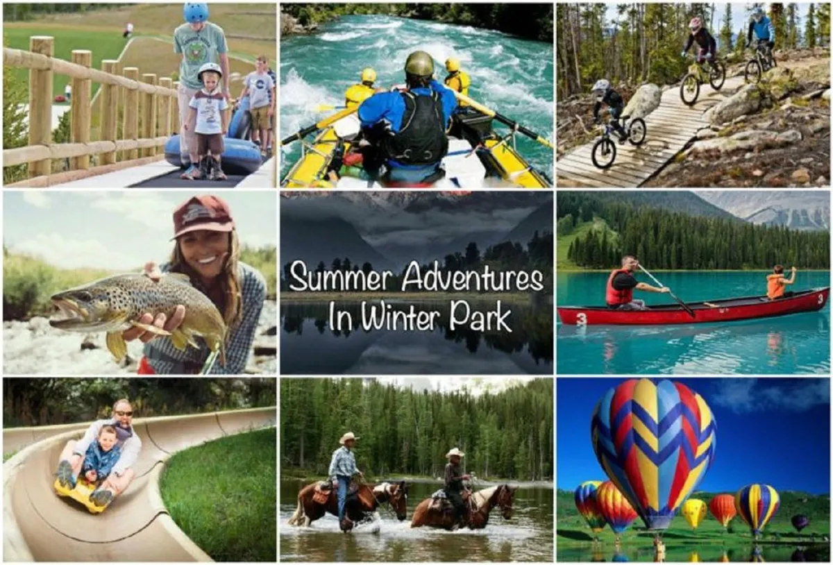 A dynamic summertime landscape showing families and friends rafting on a river, biking along trails, horseback riding, fishing, and even a hot air balloon ride. The image exudes energy and showcases the sheer variety of outdoor activities available during warmer months.