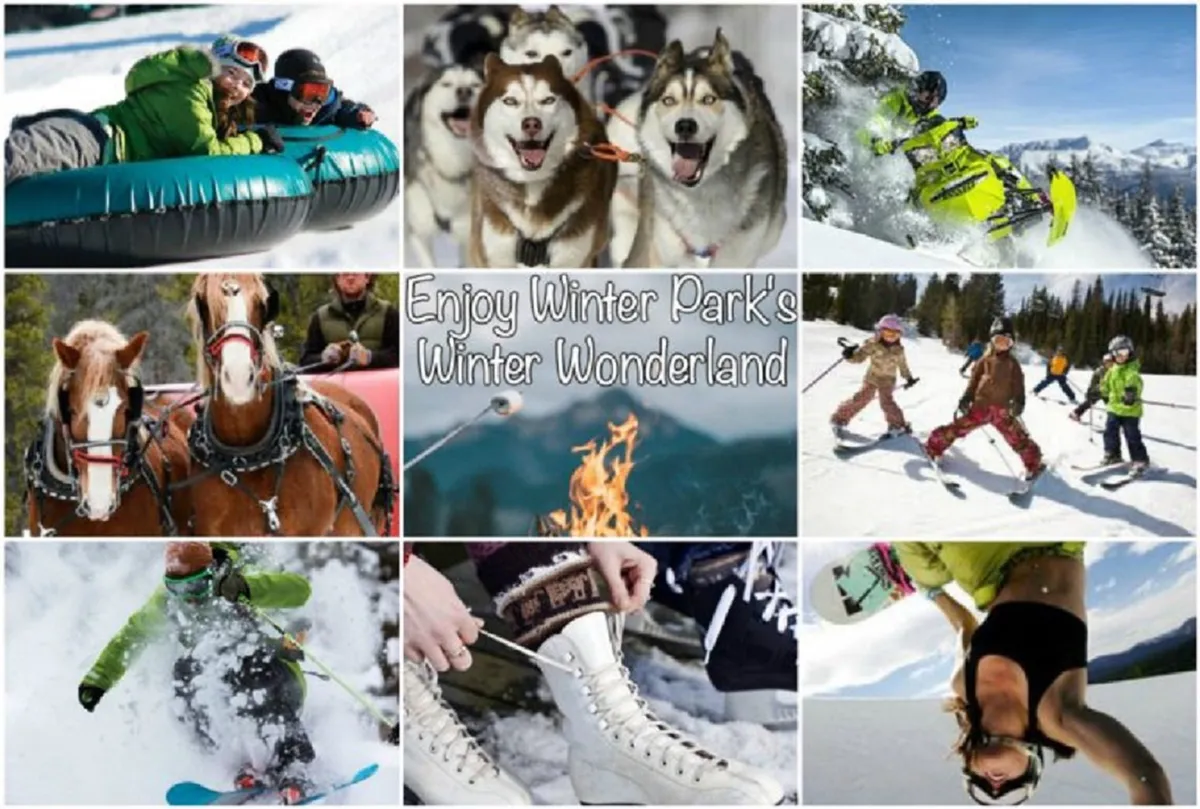 A vibrant winter scene packed with joyful families enjoying snow tubing, sled dog rides, snowmobiling, skiing, and playing in the snow. Snow-covered trees and mountains complete the festive, adventure-filled backdrop.
